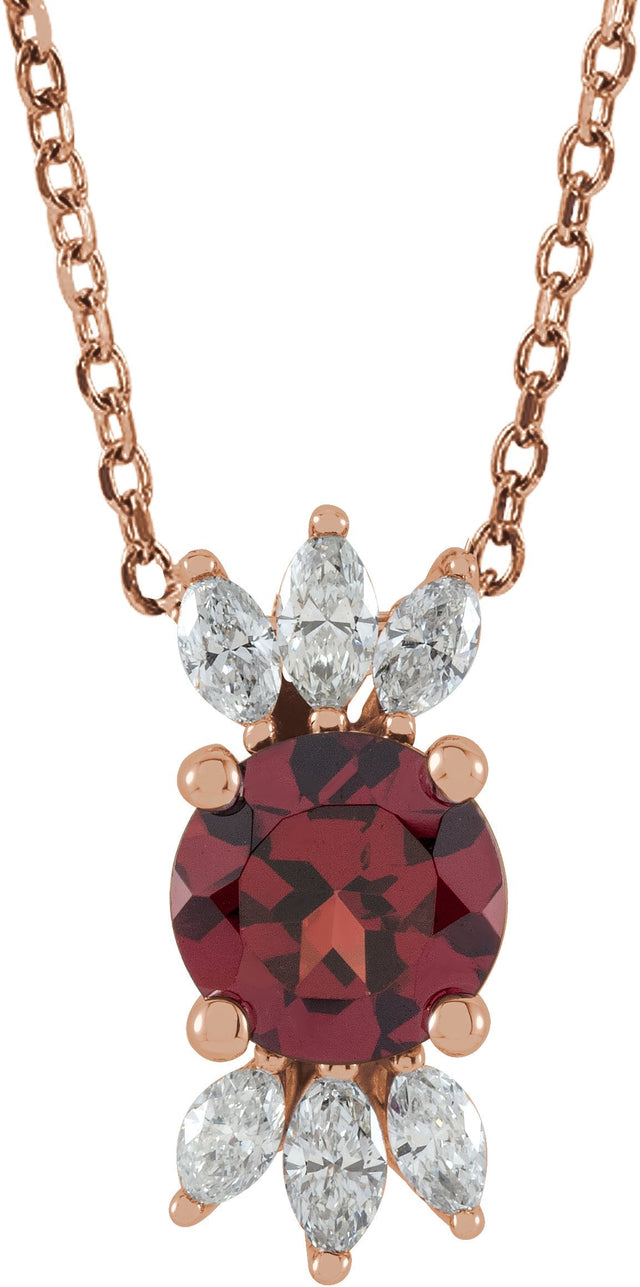 14K Gold Round Natural Mozambique Garnet & Natural Diamond Accented Necklace or Pendant – 1/5 CTW - Rose Gold