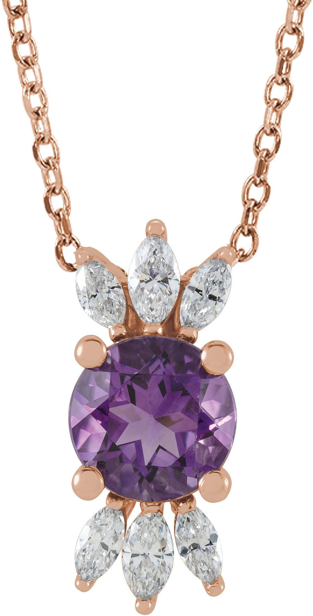 14K Gold Round Natural Amethyst & Natural Diamond Accented Necklace or Pendant - Rose Gold