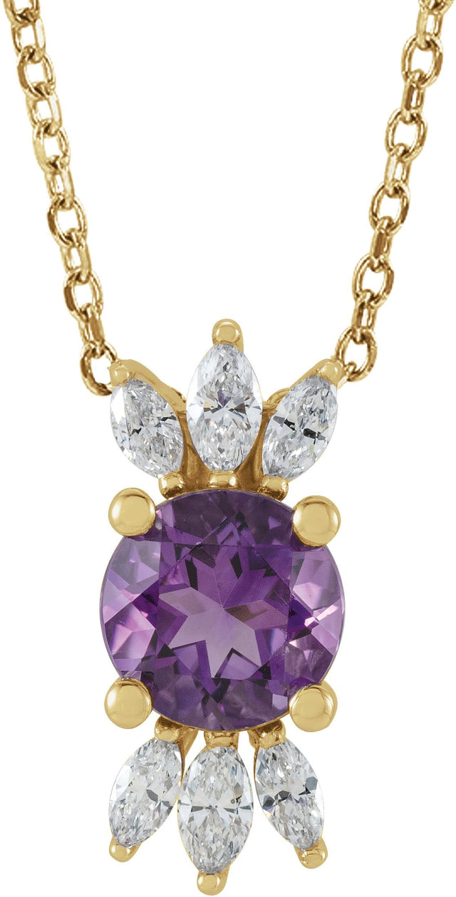 14K Gold Round Natural Amethyst & Natural Diamond Accented Necklace or Pendant - Yellow Gold