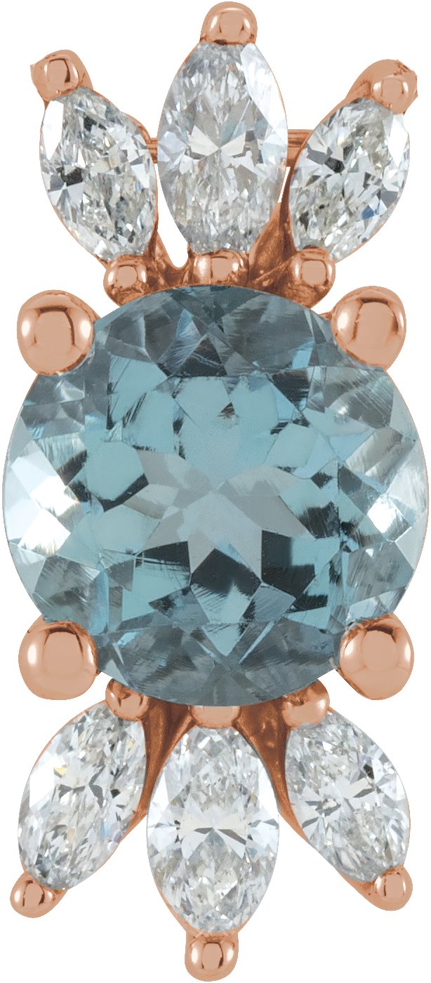 14K Gold Round Natural Aquamarine & Natural Diamond Accented Necklace or Pendant - Rose Gold