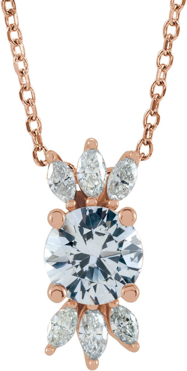 14K Gold Round Natural White Sapphire & Natural Diamond Accented Necklace or Pendant - Rose Gold