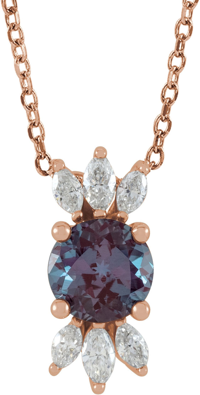 14K Gold Round Lab-Grown Alexandrite & Natural Diamond Accented Necklace or Pendant - Rose Gold