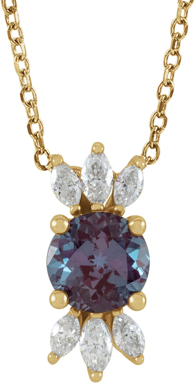 14K Gold Round Lab-Grown Alexandrite & Natural Diamond Accented Necklace or Pendant - Yellow Gold
