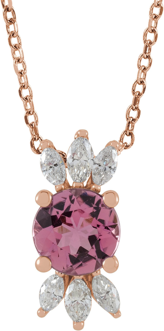 14K Gold Round Natural Pink Tourmaline & Natural Diamond Accented Necklace or Pendant – 1/5 CTW - Rose Gold