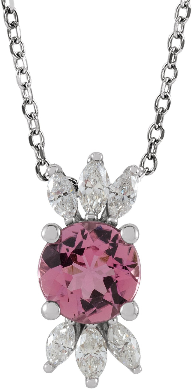 14K Gold Round Natural Pink Tourmaline & Natural Diamond Accented Necklace or Pendant – 1/5 CTW - White Gold