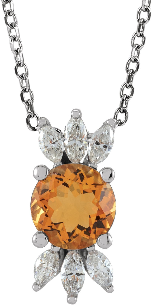 Platinum Round Natural Citrine & Natural Diamond Accented Necklace or Pendant