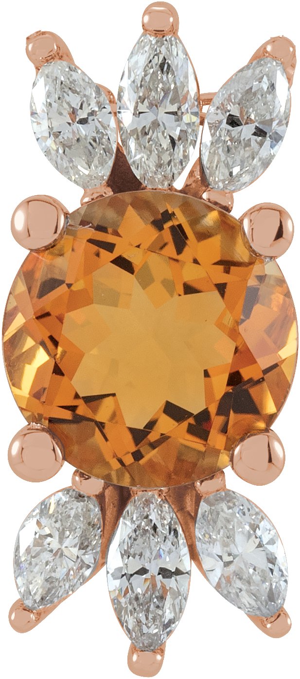 14K Gold Round Natural Citrine & Natural Diamond Accented Necklace or Pendant - Rose Gold