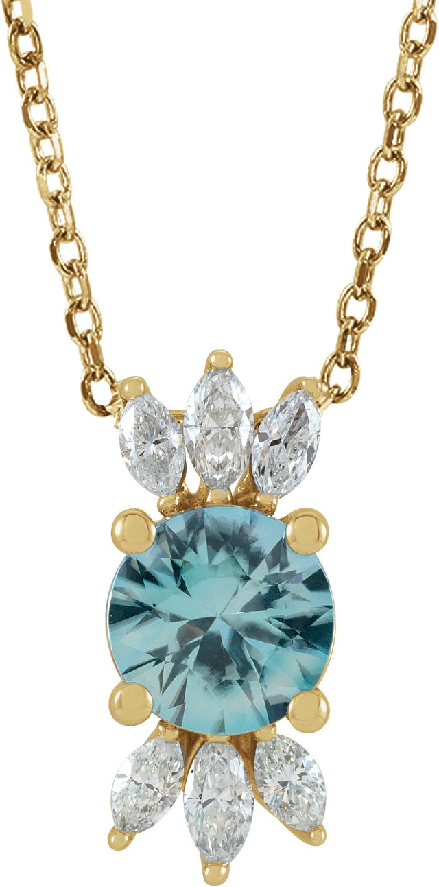 14K Gold Round Natural Blue Zircon & Natural Diamond Accented Necklace or Pendant - Yellow Gold