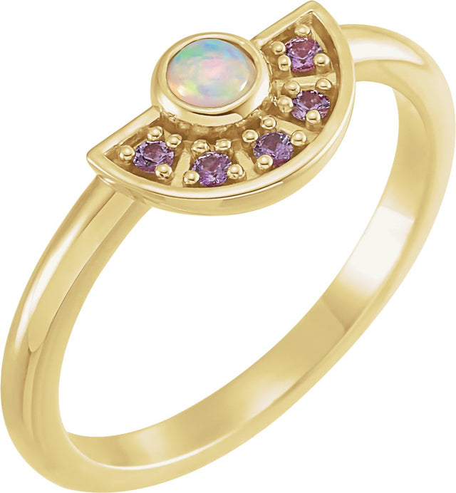 14K Gold Round Natural Ethiopian Opal & Natural Pink Sapphire Fan Ring - Yellow Gold