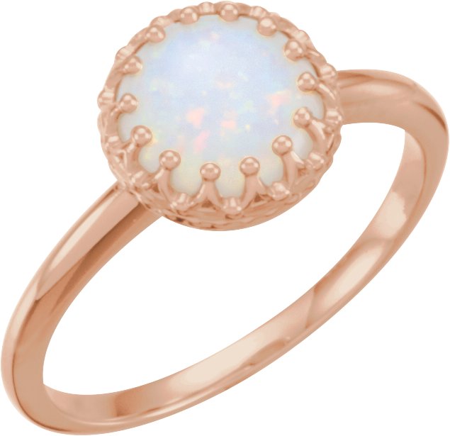14K Gold Round Natural White Opal Crown Cabochon Ring - Rose Gold