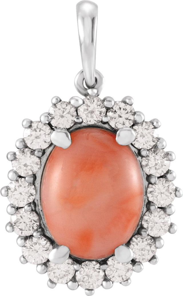 Platinum Oval Natural Pink Coral & Natural Diamond Halo-Style Necklace or Pendant