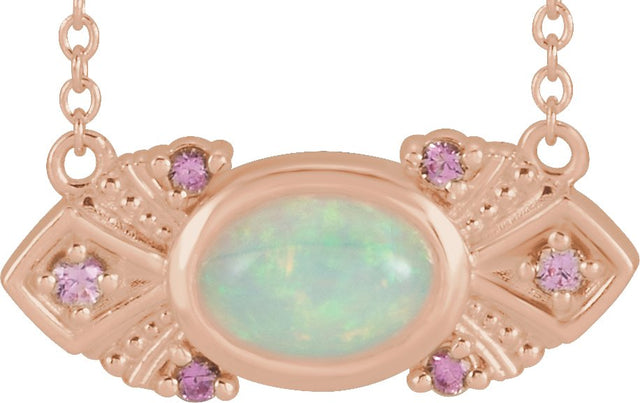 14K Gold Oval Natural Ethiopian Opal & Natural Pink Sapphire Vintage-Inspired Necklace – 7x5mm - Rose Gold