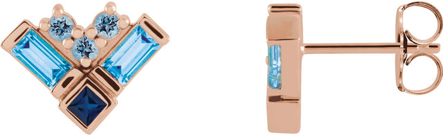 14K Gold Natural Blue Multi-Gemstone Cluster Earrings - Rose Gold