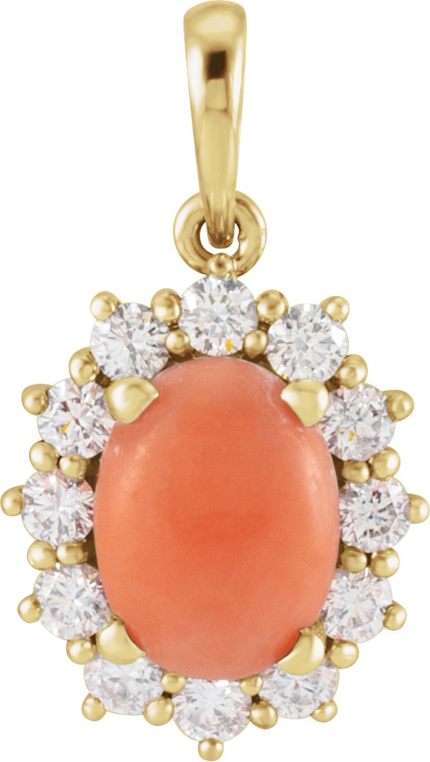 14K Gold Oval Natural Pink Coral & Natural Diamond Halo-Style Necklace or Pendant - Yellow Gold