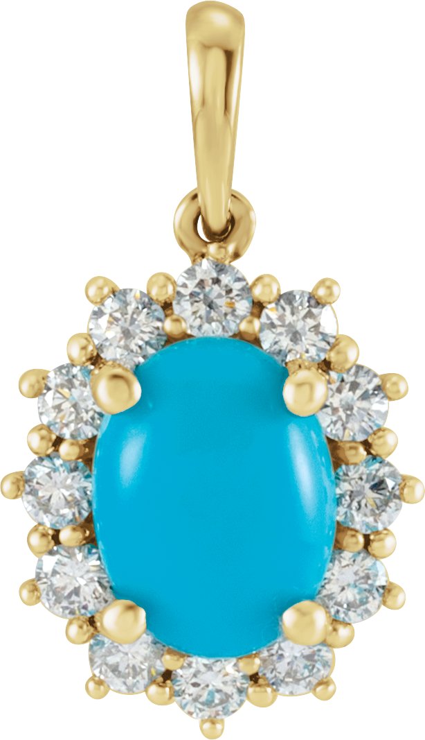 14K Gold Oval Natural Turquoise & Natural Diamond Halo-Style Necklace or Pendant – 8x6mm - Yellow Gold
