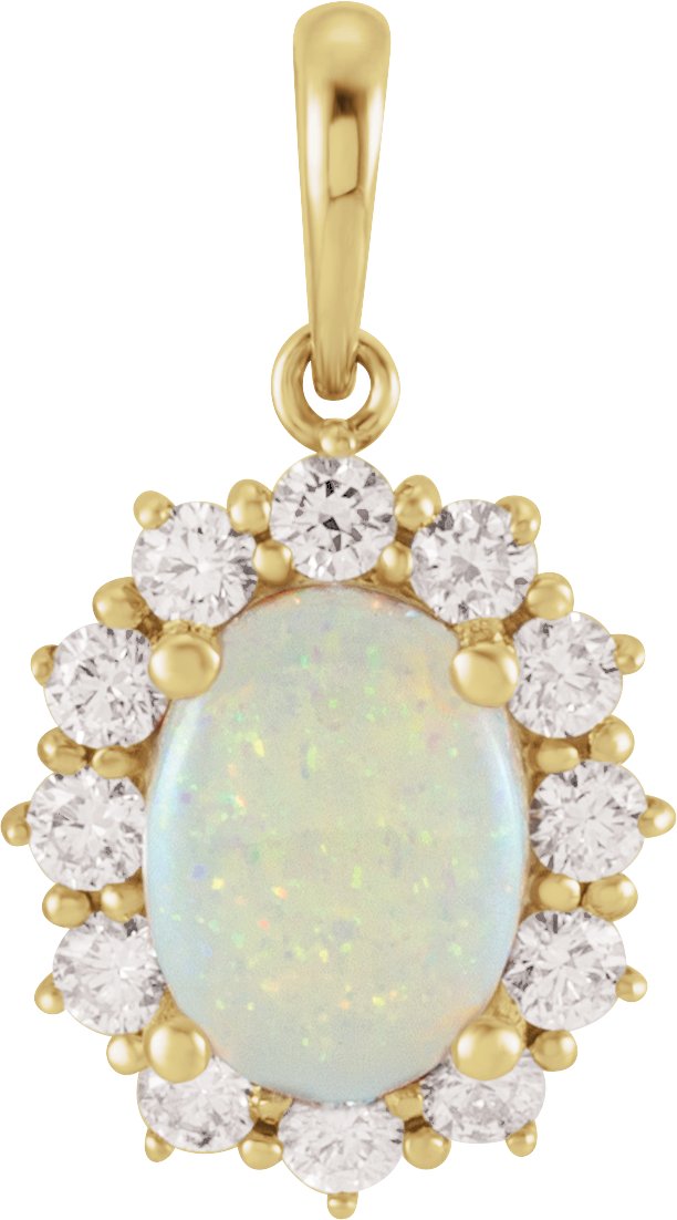 14K Gold Oval Natural White Opal & Natural Diamond Halo-Style Necklace or Pendant – 8x6mm - Yellow Gold