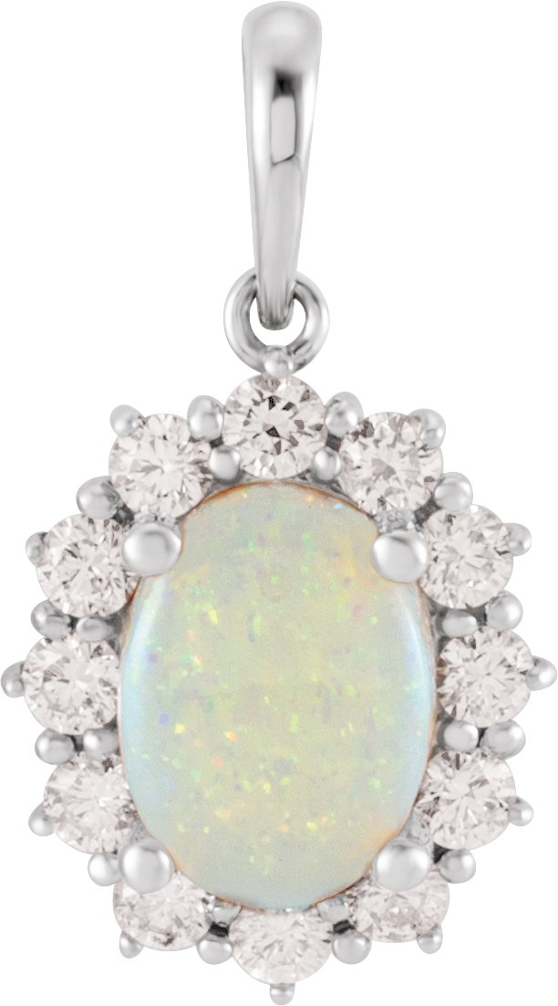 Platinum Oval Natural White Opal & Natural Diamond Halo-Style Necklace or Pendant