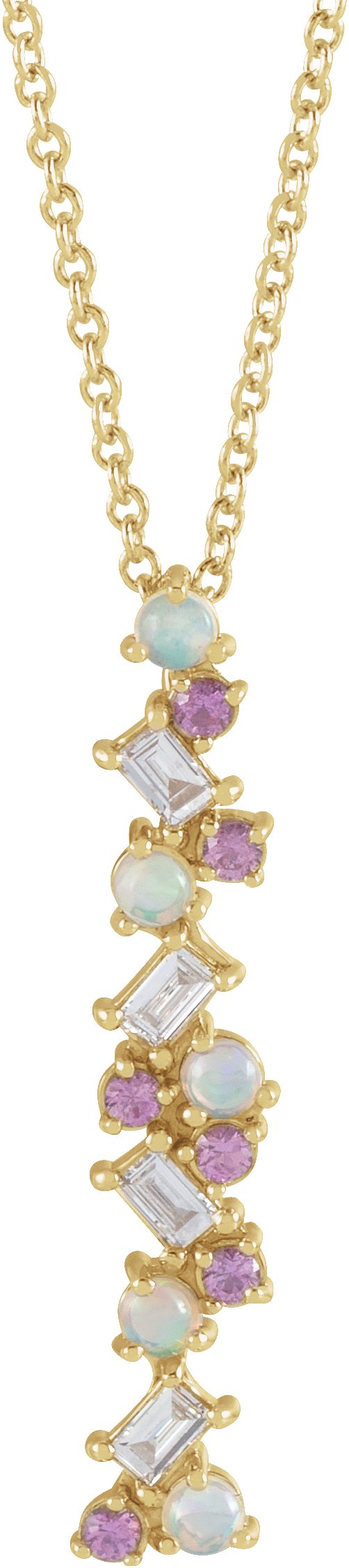 14K Gold Natural Ethiopian Opal & Natural Pink Sapphire & Natural Diamond Scattered Bar Pendant – 1/8 CTW - Yellow Gold
