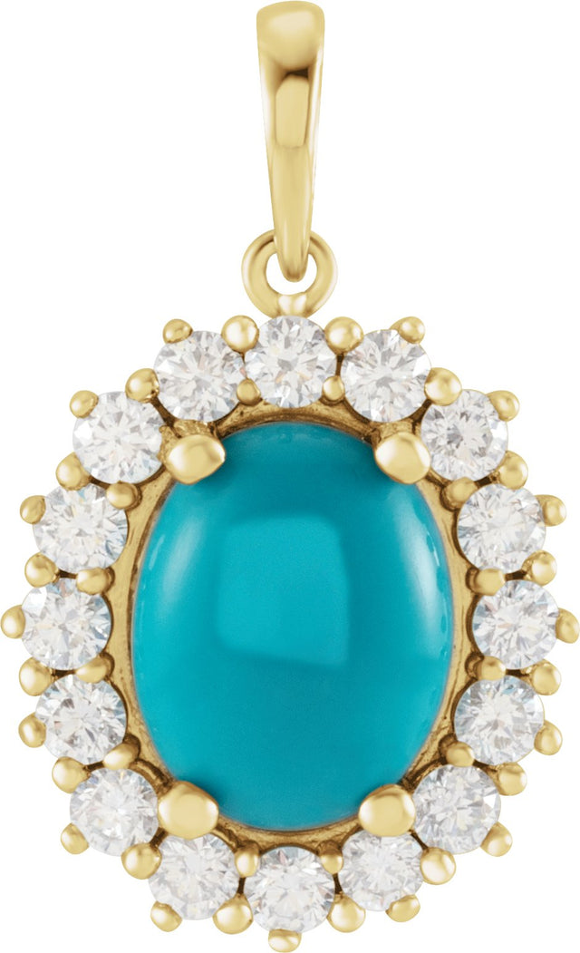 14K Gold Oval Natural Turquoise & Natural Diamond Halo-Style Necklace or Pendant – 8x6mm - Yellow Gold
