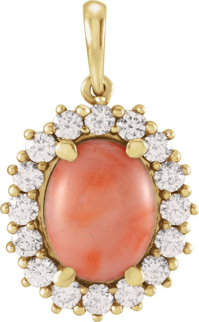 14K Gold Oval Natural Pink Coral & Natural Diamond Halo-Style Necklace or Pendant - Yellow Gold