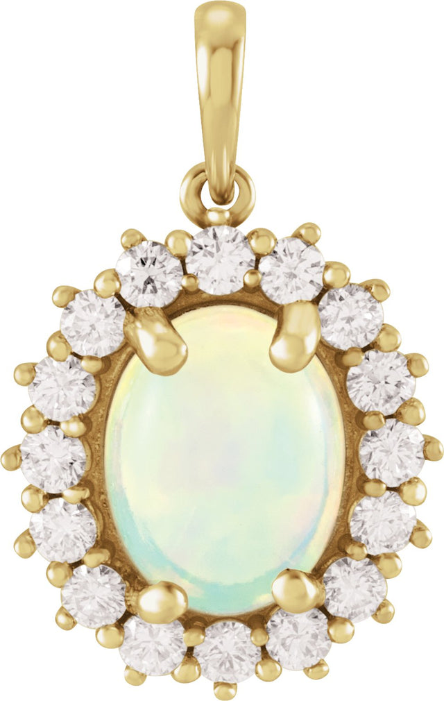 14K Gold Oval Natural White Ethiopian Opal & Natural Diamond Halo-Style Necklace or Pendant – 8x6mm