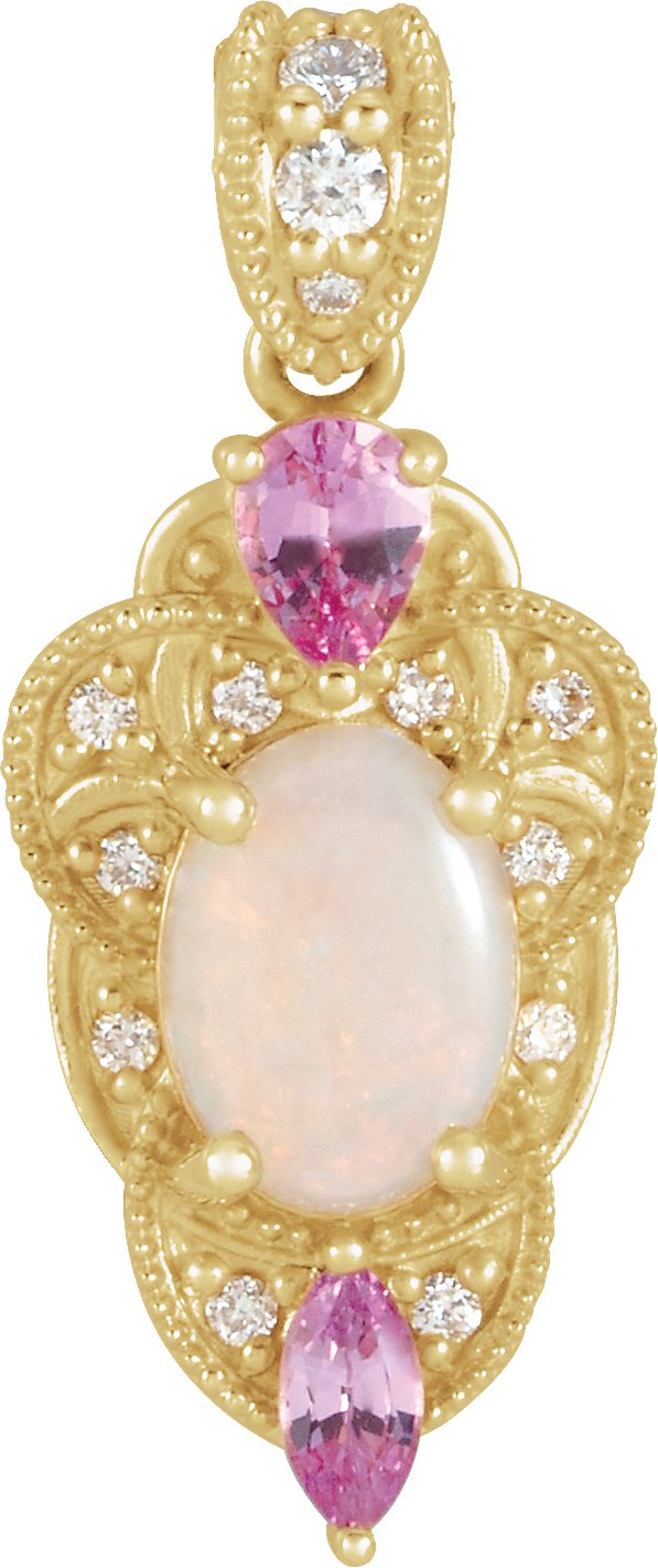 14K Gold Oval Natural White Opal & Natural Pink Sapphire & Natural Diamond Vintage-Inspired Necklace or Pendant - Yellow Gold