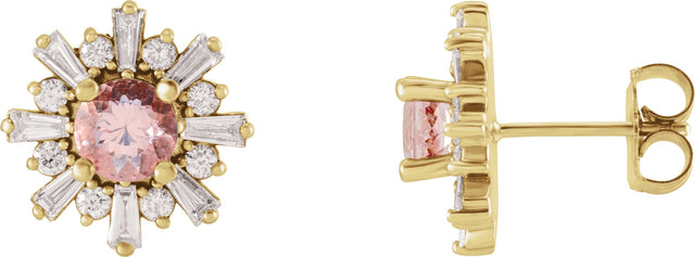 14K Gold Round Natural Pink Morganite & Natural Diamond Halo-Style Star Earrings - Yellow Gold