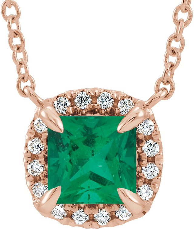 14K Gold Square Lab-Grown Emerald & Natural Diamond Halo-Style Necklace - Rose Gold