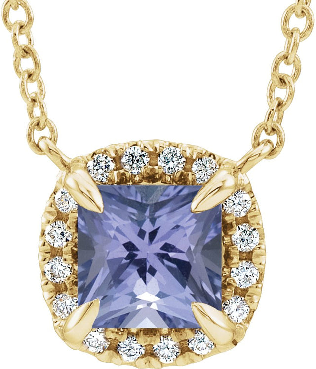 14K Gold Square Natural Tanzanite & Natural Diamond Halo-Style Necklace - Yellow Gold