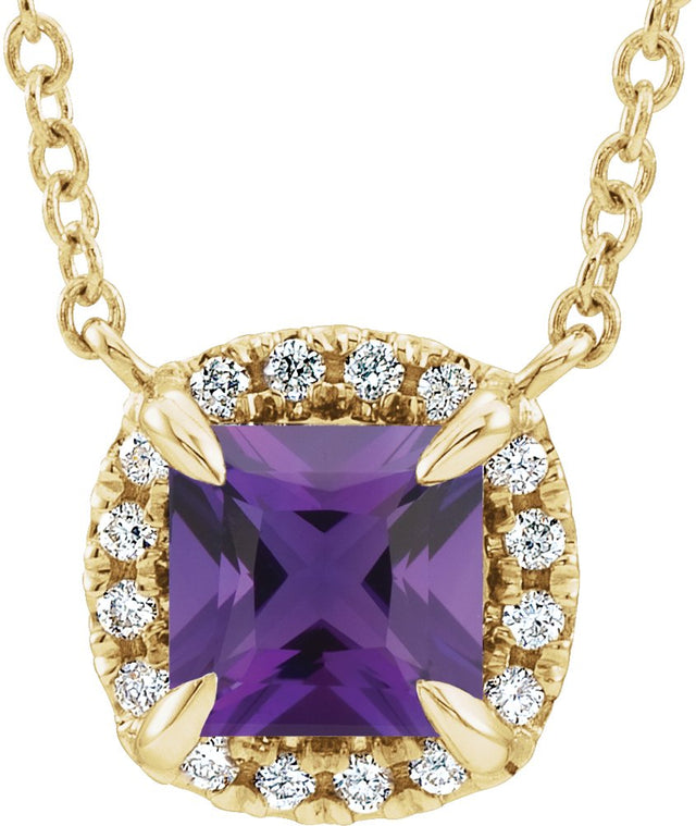 14K Gold Square Natural Amethyst & Natural Diamond Halo-Style Necklace - Yellow Gold