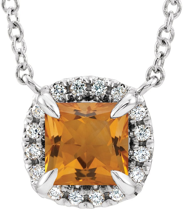 Platinum Square Natural Citrine & Natural Diamond Halo-Style Necklace