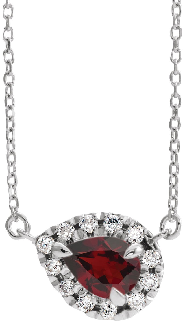 14K Gold Pear Natural Mozambique Garnet & Natural Diamond French-Set Halo-Style Necklace - White Gold