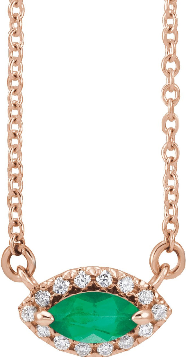 14K Gold Marquise Natural Emerald & Natural Diamond French-Set Halo-Style Necklace - Rose Gold