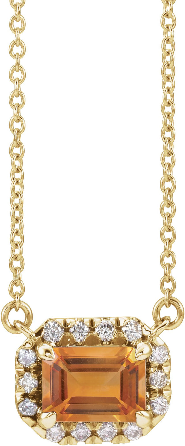 14K Gold Emerald Natural Citrine & Natural Diamond French-Set Halo-Style Necklace - Yellow Gold