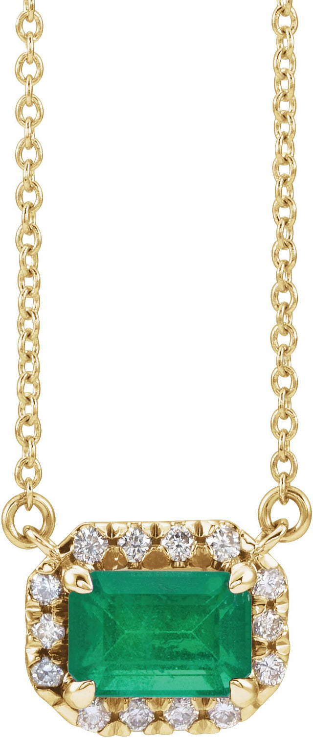 14K Gold Emerald Lab-Grown Emerald & Natural Diamond French-Set Halo-Style Necklace - Yellow Gold