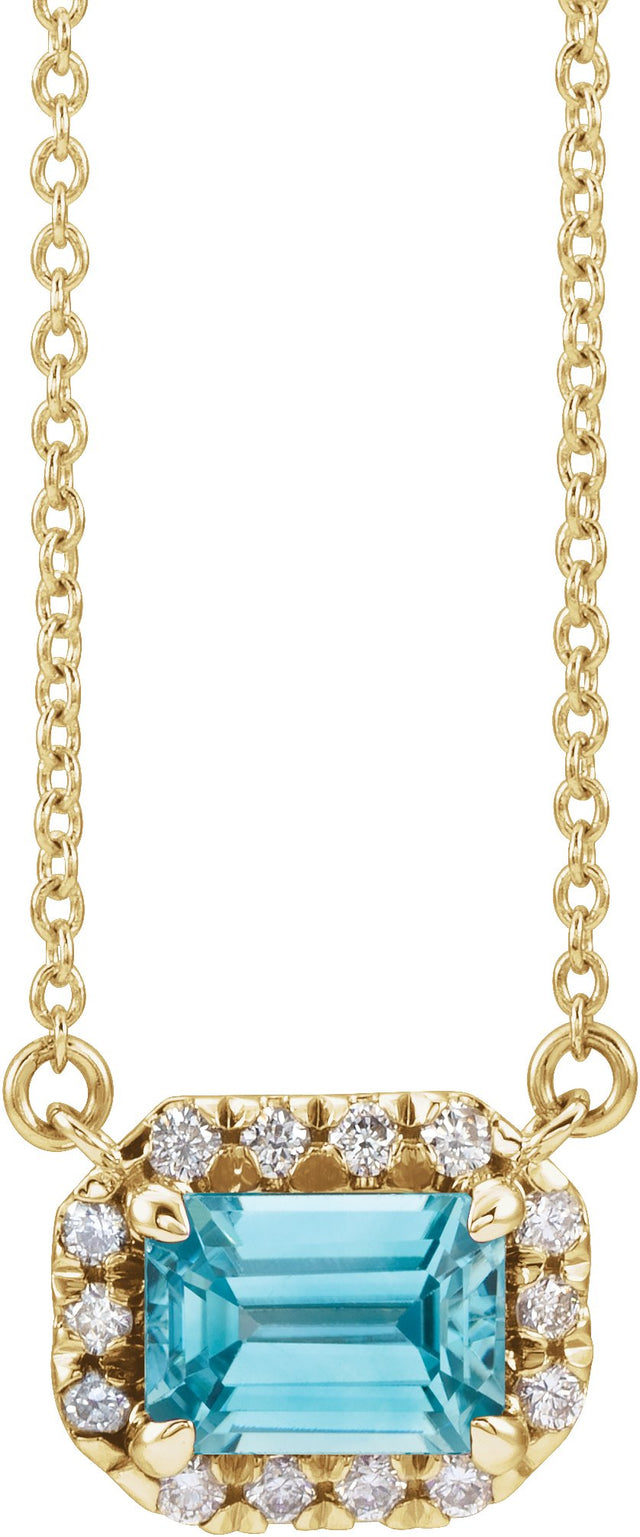 14K Gold Emerald Natural Blue Zircon & Natural Diamond French-Set Halo-Style Necklace - Yellow Gold