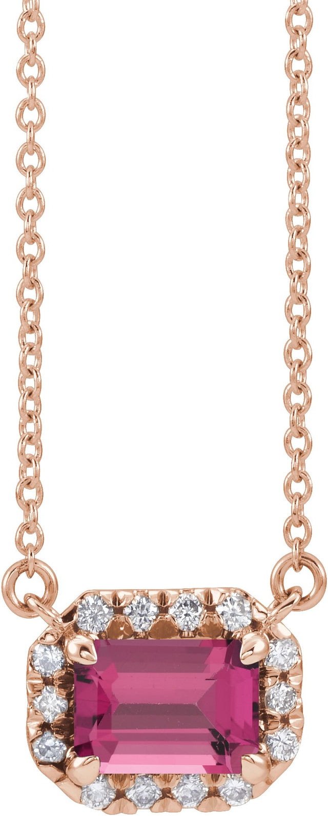 14K Gold Emerald Natural Pink Tourmaline & Natural Diamond French-Set Halo-Style Necklace - Rose Gold