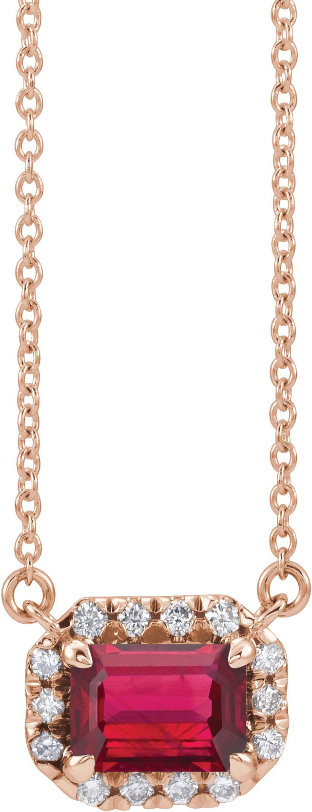 14K Gold Emerald Lab-Grown Ruby & Natural Diamond French-Set Halo-Style Necklace - Rose Gold