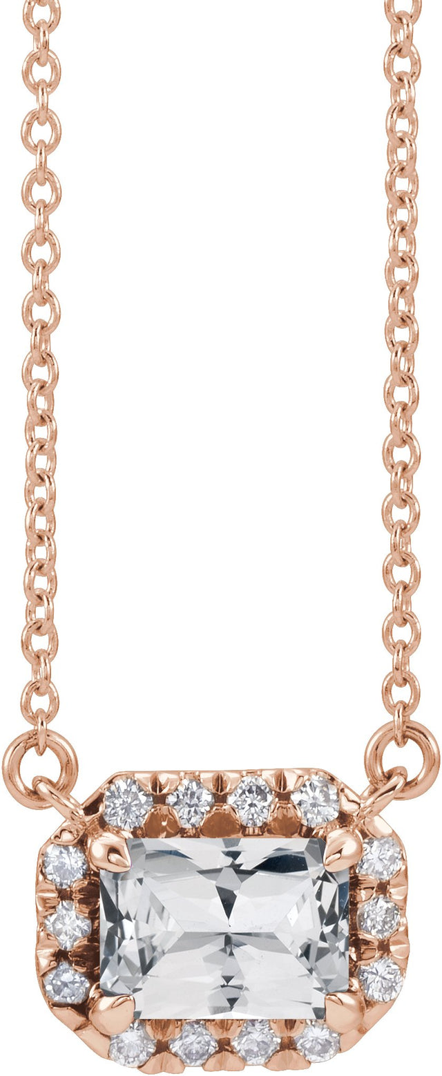 14K Gold Emerald Natural White Sapphire & Natural Diamond French-Set Halo-Style Necklace - Rose Gold