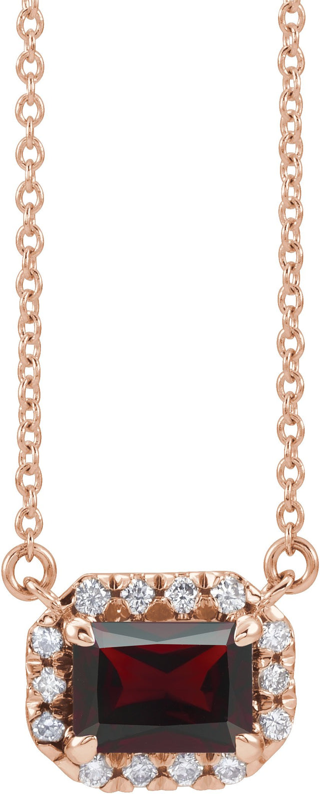 14K Gold Emerald Natural Mozambique Garnet & Natural Diamond French-Set Halo-Style Necklace - Rose Gold