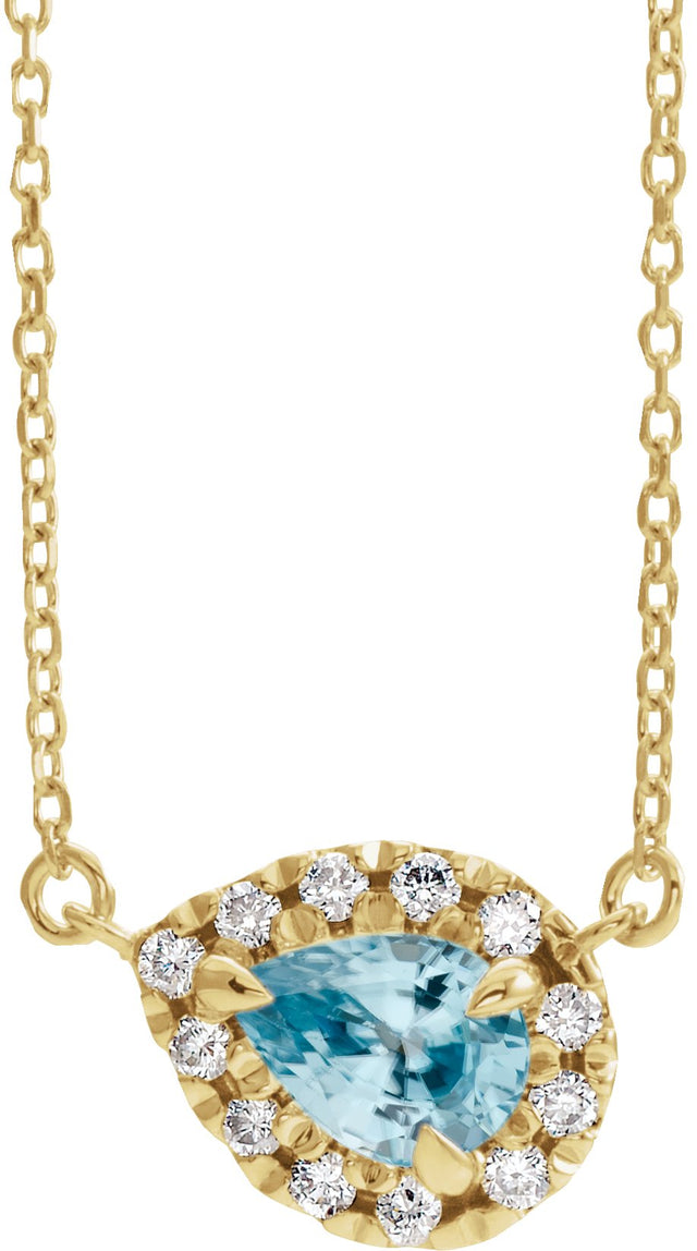 14K Gold Pear Natural Blue Zircon & Natural Diamond French-Set Halo-Style Necklace - Yellow Gold