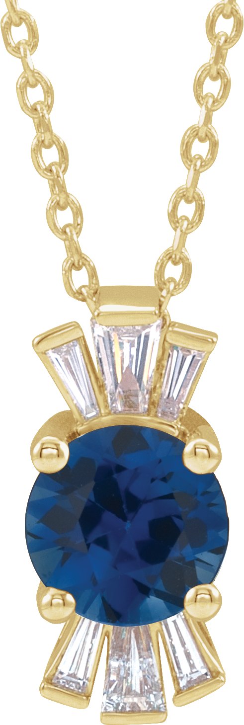 14K Gold Round Lab-Grown Blue Sapphire & Natural Diamond Accented Necklace or Pendant – 1/6 CTW - Yellow Gold