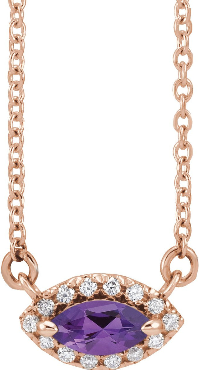 14K Gold Marquise Natural Amethyst & Natural Diamond French-Set Halo-Style Necklace - Rose Gold