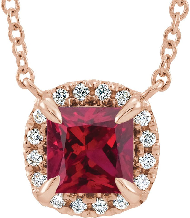 14K Gold Square Lab-Grown Ruby & Natural Diamond Halo-Style Necklace - Rose Gold