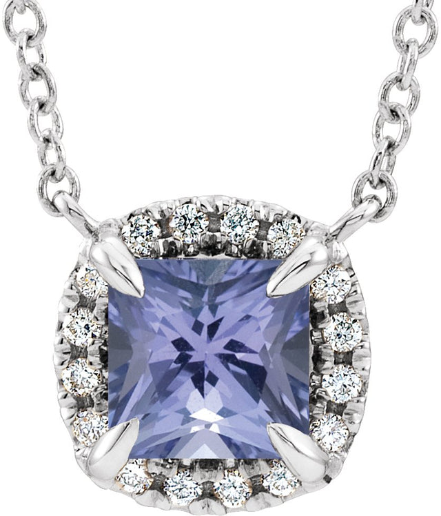 14K Gold Square Natural Tanzanite & Natural Diamond Halo-Style Necklace - White Gold