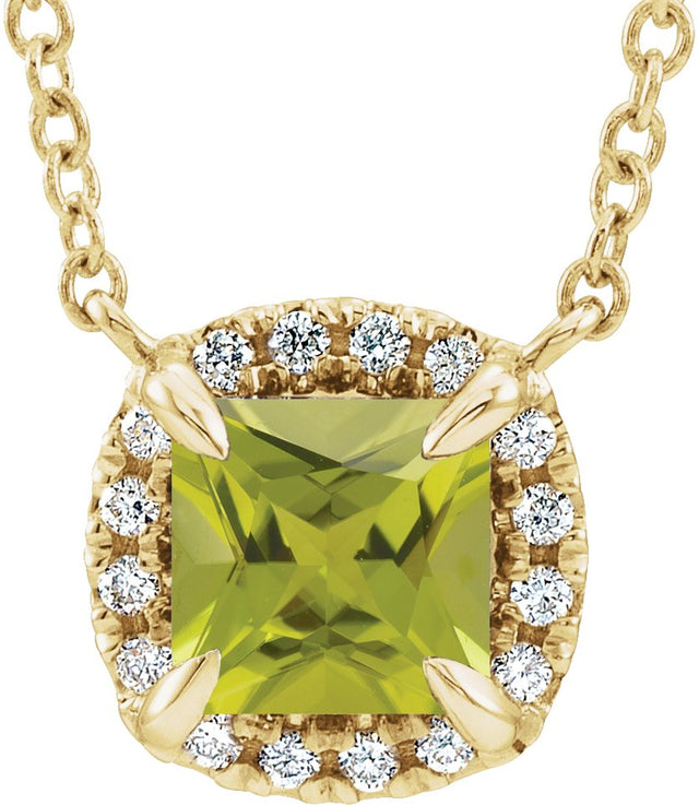 14K Gold Square Natural Peridot & Natural Diamond Halo-Style Necklace - Yellow Gold