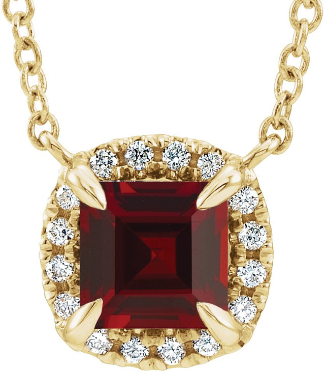 14K Gold Square Natural Mozambique Garnet & Natural Diamond Halo-Style Necklace - Yellow Gold