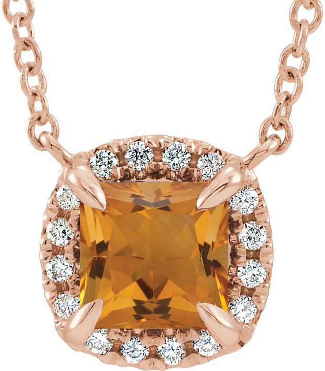 14K Gold Square Natural Citrine & Natural Diamond Halo-Style Necklace - Rose Gold