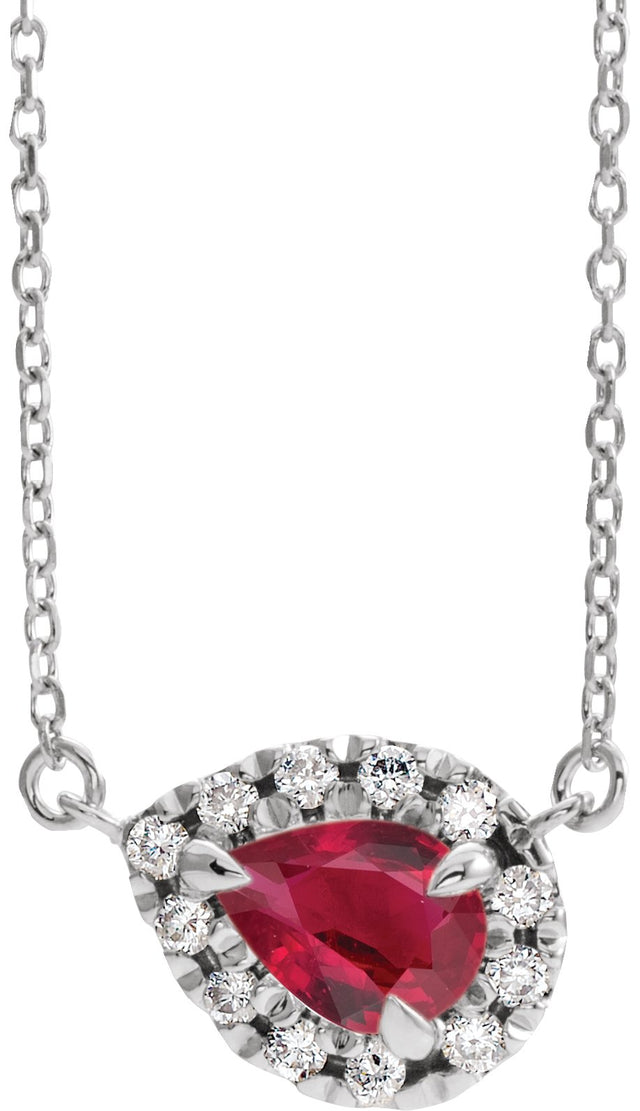 Platinum Pear Lab-Grown Ruby French-Set Halo-Style Necklace