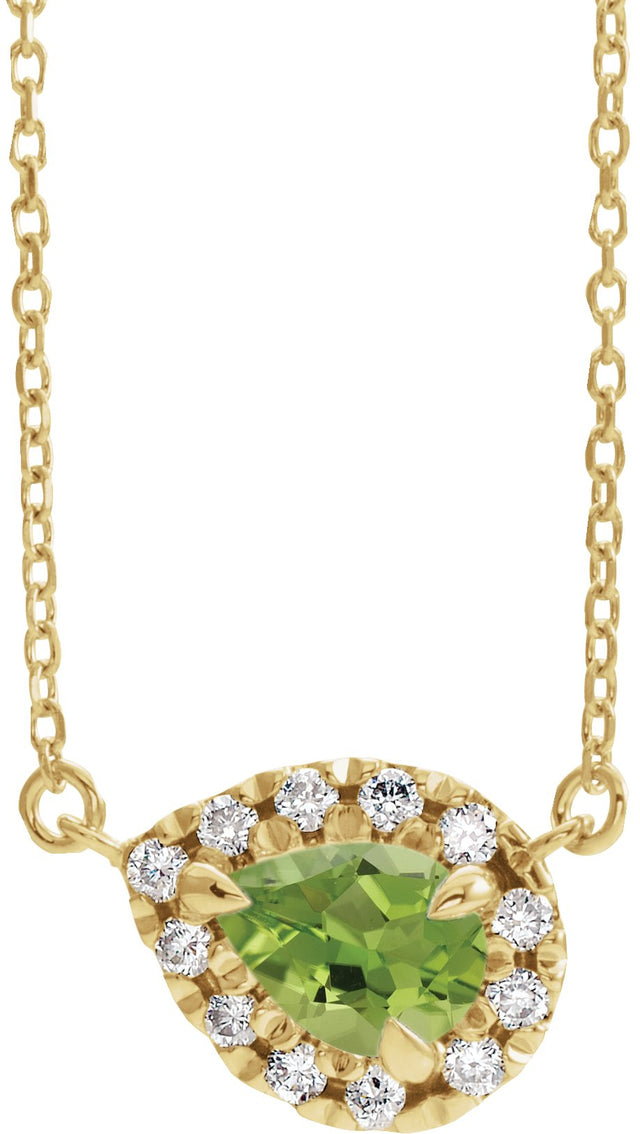 14K Gold Pear Natural Peridot & Natural Diamond French-Set Halo-Style Necklace - Yellow Gold